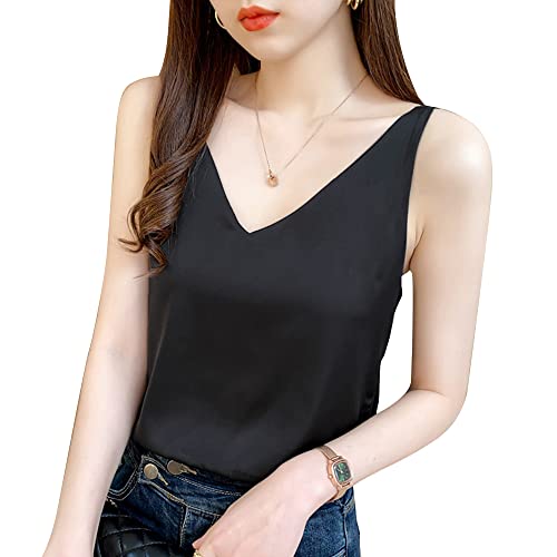 QKEPCY Damen Satin Tank Top Strap Basic Cami Sommer Chiffon Casual Tank Tops V-Ausschnitt Ärmellose Blusen Lockere Oberteile Tunika Shirts (Schwarz L) von QKEPCY