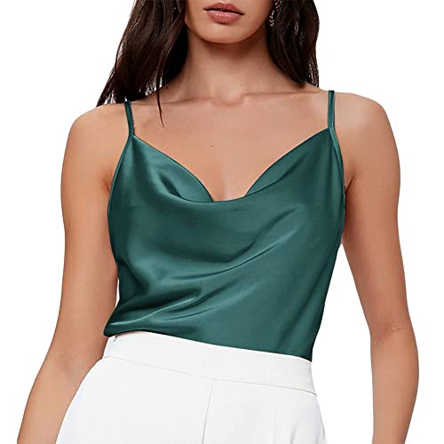 QKEPCY Damen Satin Tank Top Strap Elegant Frauen Spaghetti Tanktop Shirts Camisole Verstellbarer Träger Top Weste Sommer Oberteil Pyjama Bluse (Dunkelgrün L) von QKEPCY