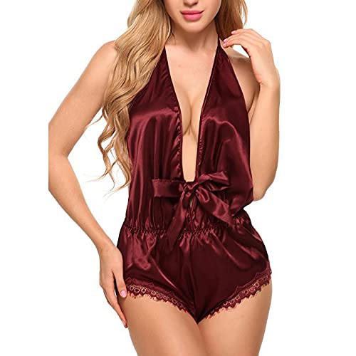 QKEPCY Damen Sexy Body Dessous Seiden Satin Babydoll Teddy Spitze Unterwäsche Tiefer V-Ausschnitt Bodysuit Halterung Reizwäsche Lingerie Rückenfrei Negligee Nachtwäsche fur Frauen (Rot, M) von QKEPCY