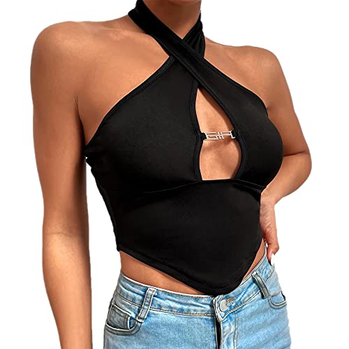 QKEPCY Damen Sexy Neckholder Criss Cross Crop Top V-Ausschnitt Y2k Fashion Corset Top Wrap Weste Cut Out Ärmellos Einfarbig Tank Top Shirts Streetwear (L) von QKEPCY