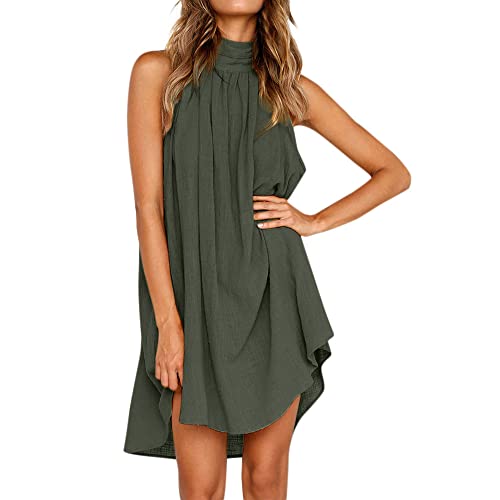 QKEPCY Damen Sommerkleid Damen Ärmellos Kleider Elegant Blusekleid Freizeitkleid Locker Kleider Boho Strandkleider mädchen Festlich Kleider Damen Kurz Swing Tank-Kleid Ärmellos Strandkleid(Grün M) von QKEPCY