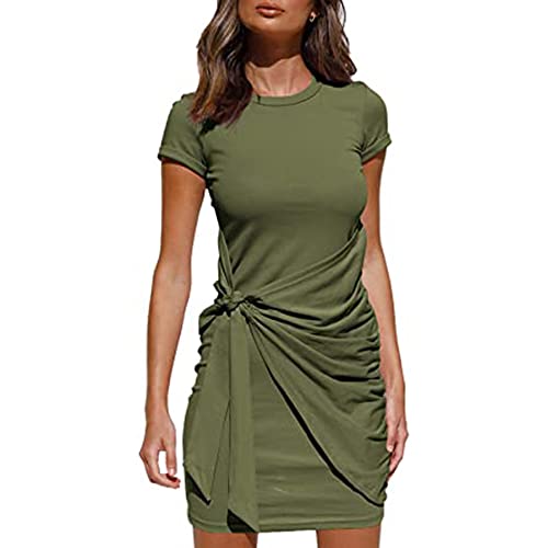 QKEPCY Damen Sommerkleider Rundhalsausschnitt Kurzarm Eng anliegendes Wickelkleid Kurzarm Urban Classics Plissee Einfarbig Elegant Bodycon Kleid (Armeegrün L) von QKEPCY