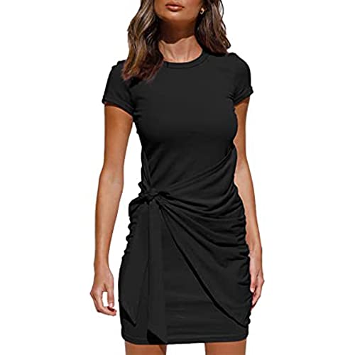 QKEPCY Damen Sommerkleider Rundhalsausschnitt Kurzarm Eng anliegendes Wickelkleid Kurzarm Urban Classics Plissee Einfarbig Elegant Bodycon Kleid (Schwarz L) von QKEPCY