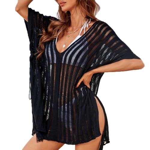QKEPCY Strandtunika Damen Vausschnitt Gestreift Bikini Cover up Überwurf Transparent Strandkleider Sommer Badeanzug Coverup Strandponcho Luftig Badeüberwurf Beach Outfit Seitenschlitz von QKEPCY