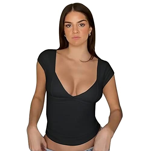 QKEPCY Damen Tank Top Sexy Tiefer V Ausschnitt Crop Tops Sommer Ärmellose Basic Shirt Oberteile Süße Ärmellose Hemden Frauen Tunika Top Bluse Sommer (Schwarz M) von QKEPCY