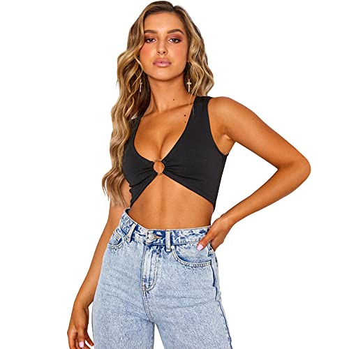 QKEPCY Damen Tank Top Sommer Ärmellose Top Damen V-Ausschnitt Sexy Ärmellose Tshirts Crop Tops mit Metallring Cut Out Shirts Streetwear (Schwarz M) von QKEPCY