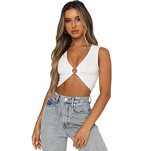 QKEPCY Damen Tank Top Sommer Ärmellose Top Damen V-Ausschnitt Sexy Ärmellose Tshirts Crop Tops mit Metallring Cut Out Shirts Streetwear (Weiß L) von QKEPCY