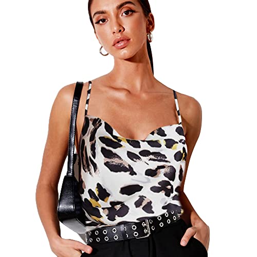 QKEPCY Damen Tanktop mit Wasserfall-Ausschnitt, Damen Camisole Damen Satin Tops,Leopardenmuster, ärmellos, Spaghetti-Tanktop, Satin, Seide, Camisole mit Gesprenkelt (Leopard XL) von QKEPCY