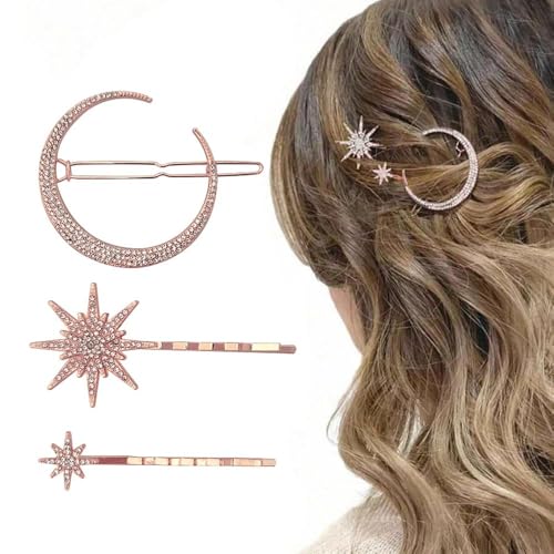 Qkepcy Elegante Mond Und Stern Haarklammern Set 3 Stück Glitzernde Haarspangen Für Damen Hochwertige Haarnadeln Für Stilvolles Haarstyling Haarschmuck Accessoires von QKEPCY