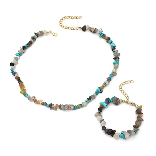 QKEPCY Halsketten Set Zylinderperlen Gliederkette Damen Schmuck Collier Kombination Türkis Gold Optik Anhänger Kette Elegant von QKEPCY