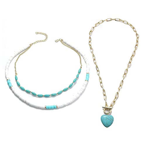 QKEPCY Halsketten Set Zylinderperlen Gliederkette Damen Schmuck Collier Kombination Türkis Gold Optik Anhänger Kette Elegant von QKEPCY