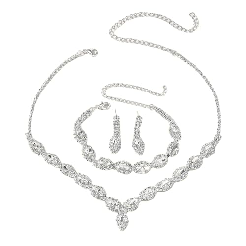 QKEPCY Hochzeit Braut Schmuckset für Damen, Tropfen Kristall Halskette Ohrringe Armband Set Strass Silber Schmuck Set für Hochzeit Verlobung Braut Brautjungfer Party Geschenke für Frauen von QKEPCY