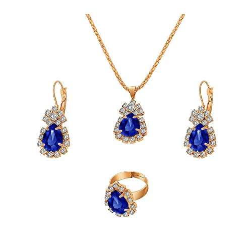 QKEPCY Hochzeit Schmuckset für Damen, Kristall Halskette Ohrringe und Ringe Set, Tropfen Schmuck Set für Braut Verlobung Brautjungfer Party Geschenke für Frauen (Blau) von QKEPCY