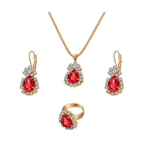 QKEPCY Hochzeit Schmuckset für Damen, Kristall Halskette Ohrringe und Ringe Set, Tropfen Schmuck Set für Braut Verlobung Brautjungfer Party Geschenke für Frauen (Rot) von QKEPCY