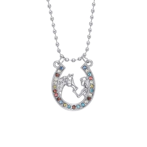QKEPCY Hufeisen Anhänger Halskette mit Pferd Motiv Kristall Schmuck Kette Mädchen Damen Reitsport Accessoire von QKEPCY