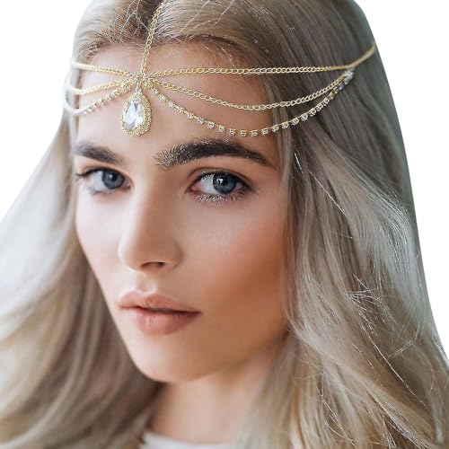 QKEPCY Kopfschmuck Damen Mädchen Gold Kopf Kette Boho Mittelalter Stirnband Vintage Strass Kristall Quaste Haarschmuck für Braut Hochzeit Haarkette Schmuck von QKEPCY