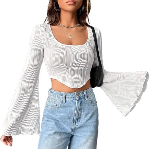 QKEPCY Langarmshirt Slim Fit Damen Y5K Ausgestellte Ärmel Oberteile Langarm Shirts Rundhals Crop Tops Casual Athletisches Top Teenager Streetwear(XL) von QKEPCY