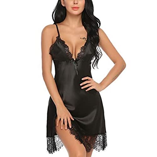 QKEPCY Negligee Damen Sexy Babydoll Kurz Satin Nachthemd mit Spitzen V-Ausschnitt Seitliche Trennung Nachtkleid Sommer Nachtwäsche Frau Sleepwear mit Verstellbare Träger (Schwarz L) von QKEPCY