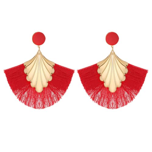 QKEPCY Ohrringe Damen Lange Quaste Fächer Ohrringe Quaste Tropfen Ohrringe Boho Ohrringe Metall Hypoallergene Leichte Aussage Ohrstecker Festival Schmuck für Frauen und Mädchen von QKEPCY