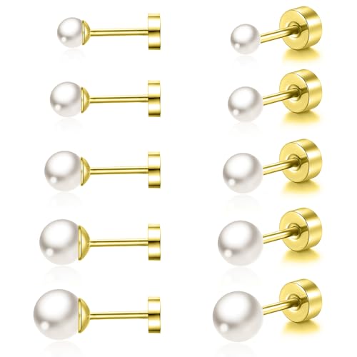 QKEPCY Perlen Ohrringe für Damen Perlenohrringe Set Edelstahl Weiß Imitation Perlen Kugel Elegant Ohrringe Hypoallergen Ohrstecker Schmuck Ohrringe Perlen in verschiedenen Größen von QKEPCY