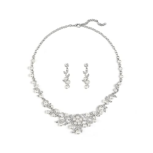 QKEPCY Perlen Hochzeit Braut Schmuckset für Damen Mädchen Perle Strass Halskette Ohrringe Hängend Set Silber Perlen Schmuckset Hochzeit Verlobung Braut Brautjungfer Party von QKEPCY