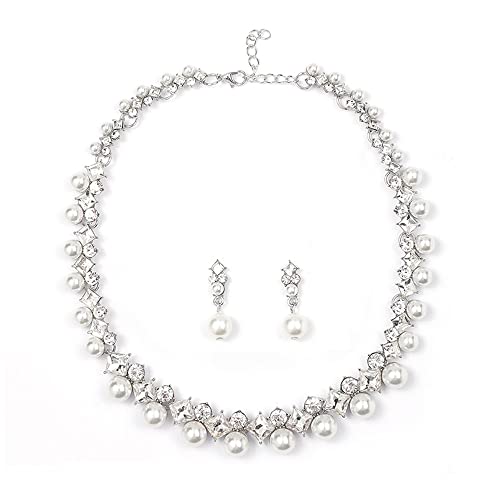 QKEPCY Perlen Schmuckset für Damen Mädchen Kristallen Halskette Ohrringe Set Silber Perle Ketten Ohrringe Perlen Hängend Strass Brautschmuck Set Hochzeit Verlobung Party Geschenke für Frauen von QKEPCY