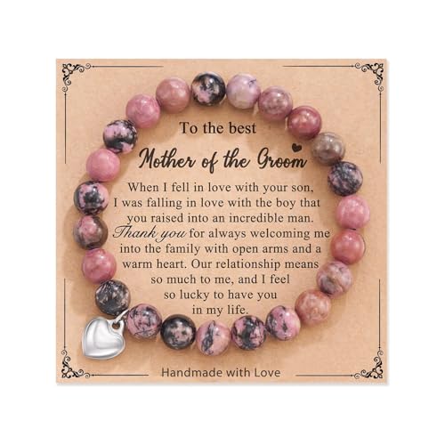 QKEPCY Rhodonit Perlenarmband Herzanhänger Naturstein Elastisches Armband Handgefertigter Schmuck Damenarmband von QKEPCY