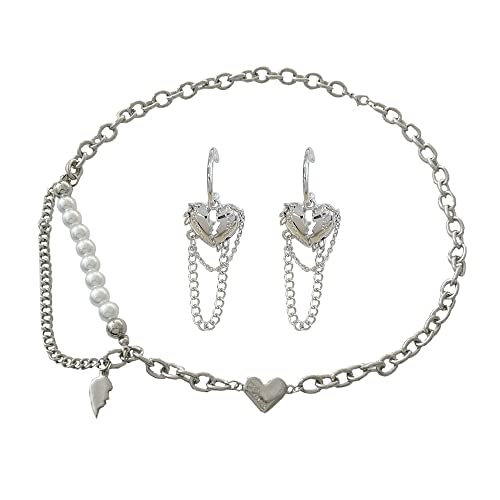 QKEPCY Punk Schmuckset Silber 925 Herz Perle Halskette und Ohrringe Set Gothic Split Gebrochenes Herz Anhänger Ohrringe Hängend Einstellbare Halskette für Damen Frauen Geschenk von QKEPCY