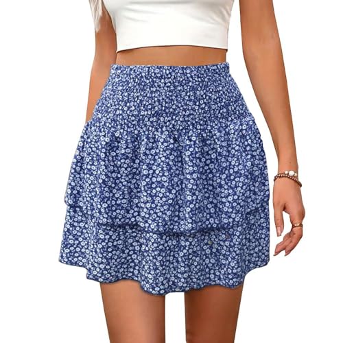 QKEPCY Rock Damen Sommer Boho Blumen Rüschen kurz Rock Elastische Hohe Taille Kordelzug Falten Minirock Sommerrock Strand Blumen Rock Geeignet für Sommer und Alltag（XL） von QKEPCY