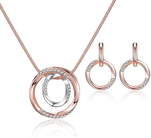 QKEPCY Schmuckset Damen Double Circle Zirkonia Ohrringe Halskette Set Braut Brautjungfer Schmuck Set von QKEPCY