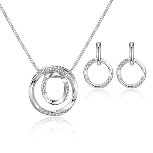 QKEPCY Schmuckset Damen Double Circle Zirkonia Ohrringe Halskette Set Braut Brautjungfer Schmuck Set von QKEPCY