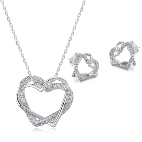 QKEPCY Schmuckset Damen Halskette Ohrringe Kette Set Herz Zirkonia Geschenk Muttertags Geschenk für Sie Freundin Ehefrau Mädchen (Silber) von QKEPCY