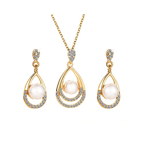 QKEPCY Perlen Schmuckset Damen Teardrop Halskette Kette Ohrringe Set Hochzeitsschmuck-Sets für Dammen Schmuckset Geschenke für Frauen Jahrestag Geburtstag Muttertags Geschenk von QKEPCY