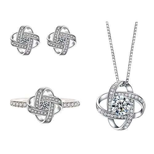 QKEPCY Schmuckset Silber Mit Zirkonia Herz Rose Herzform Anhänger Mit Diamanten Halsketten Armband Ring Set Geburtstag Jahrestag Geschenk für Damen Mama Frauen Brautjungfern Brautschmuck von QKEPCY