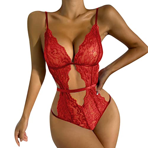 QKEPCY Sexy Dessous Damen Reizwäsche Body Rückenfrei Spitze Bodysuit Unterwäsche Strapsen Negligee V-Ausschnitt Babydoll Lingerie Erotic Nachtwäsche (Rot XL) von QKEPCY