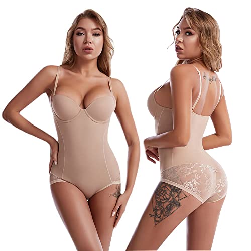 QKEPCY Shapewear Damen Bauchweg Body Shaper Figurformender Body Spitze Miederbody Stark Formend Nahtlose Shaping Bodysuit mit Push Up Bügel BH Taillenformer Fajas Colombianas (Beige, L/36C) von QKEPCY