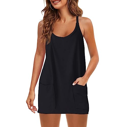 QKEPCY Sommerkleid Damen Ärmellos Kleider V-Ausschnitt Midikleid Kurzarm A-Linie Kleid Lockeres Kurze Strandkleid Mit Taschen (Schwarz L) von QKEPCY