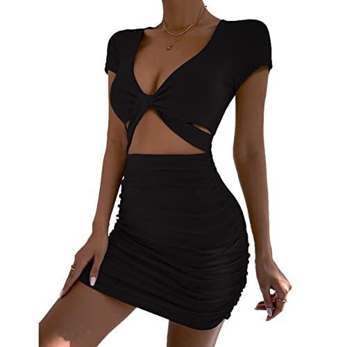 QKEPCY Sommerkleid Damen Cut Outs Figurbetontes Kleid Frauen Sexy Fest V Ausschnitt Kurze Ärmel Bodycon Kleid Bodycon Kleid Kurz Hollow Out Tight Club Kleid (Schwarz XL) von QKEPCY