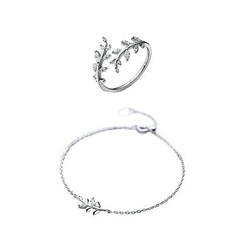 QKEPCY Sterling Silber Olivenblatt Ring Armband Verstellbar Offener Ringe Promise Stapelring Eheringe Ring Zirkonia Schmuck Geschenke für Damen Freundin Mädchen Schwester Mutter Geburtstag von QKEPCY