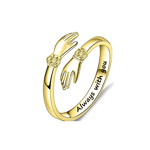 QKEPCY Umarmung Ring Damen 925 Sterling Silber Offener Ring Verstellbar Verlobungsring Gravierte Worte Hände (Gold) von QKEPCY