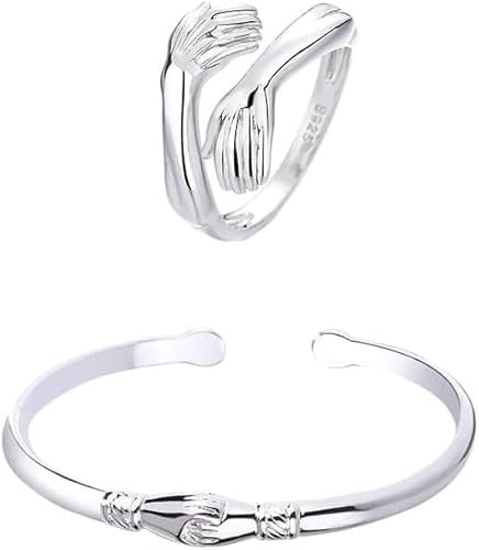 QKEPCY Handform Schmuckset Offener Ring Armreif Silberschmuck Damenring Armband Symbolschmuck Handarbeit Eleganter Schmuck von QKEPCY