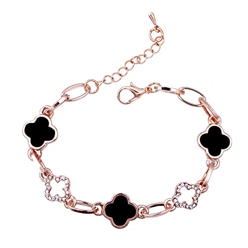 QKEPCY Vierblättriges Kleeblatt Armband für Damen fünf Blumen Verstellbar Armkettchen inimalistischer Damenschmuck bringt Glück und Hoffnung Geschenke für Frauen und Mädchen (Schwarz) von QKEPCY