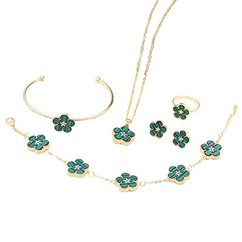 QKEPCY Vierblättriges Kleeblatt Schmuckset für Damen und Mädchen Gold Plattiert Blumen Anhänger Halskette Ohrstecker Armband Ringe Emaille Schmuck Set Geschenke mit 5 Stück (Grün) von QKEPCY