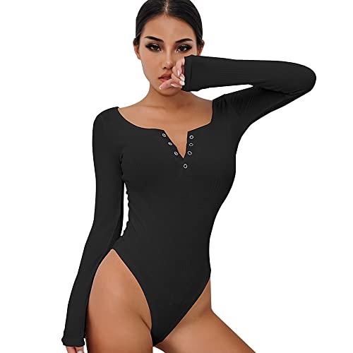 QKEPCY body damen Langarm Rundhals Bodysuit Tops Damenbody Elegant mit Knöpfen Gerippt Oberteil Bodies Unterziehbody und Verschluss im Schritt für Frauen (Schwarz, M) von QKEPCY