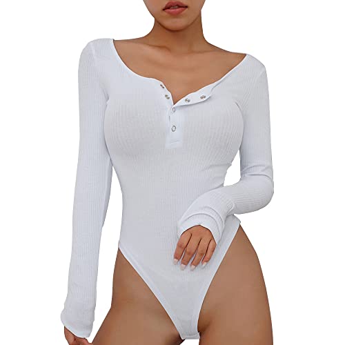 QKEPCY body damen Langarm Rundhals Bodysuit Tops Damenbody Elegant mit Knöpfen Gerippt Oberteil Bodies Unterziehbody und Verschluss im Schritt für Frauen (Weiß, L) von QKEPCY