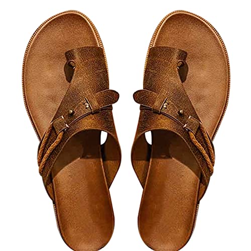 QKFON Carina Sandalen Damen Open Toe Hausschuhe rutschfeste PU Leder Fußbett Flache Ferse Flip Flops mit EVA Sohle Damen Komfort Flip-Flop für Sommer Strand Schuhe von QKFON