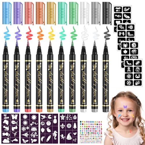 Glitzer Tattoo Set Kinder Tattoo Stifte Kinder Hautfreundlich 10 Farben Hautstifte mit Schablonen & Aufkleber Geschenk für Mädchen 3-8 Jahre Geeignet für Geburtstag Kindertag geschenk Halloween Party Glitzer Tattoo Set Kinder Tattoo Stifte Kinder Hautfreundlich 10 Farben Hautstifte mit Schablonen & Aufkleber Geschenk für Mädchen 3-8 Jahre Geeignet für Geburtstag Kindertag geschenk Halloween Party von QKJEM