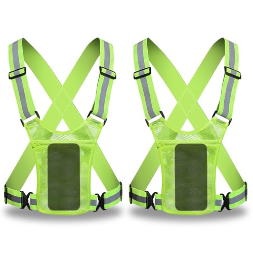 QKTYB 2 Stück Warnweste mit Handyhalter, Verstellbaren High-Vis Laufweste Damen Herren, Reflektierende Warnweste Fahrrad für das Gehen mit Hunden, Joggen, Wandern und Radfahren bei Nacht (grün) von QKTYB