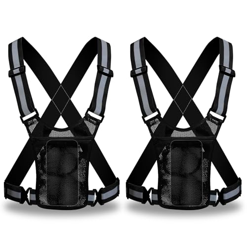 QKTYB 2 Stück Warnweste mit Handyhalter, Verstellbaren High-Vis Warnwesten Fahrrad, Reflektierende Laufweste Damen Herren für das Gehen mit Hunden, Joggen, Wandern und Radfahren bei Nacht (schwarz) von QKTYB