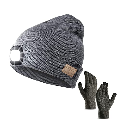 QKTYB Kabellose Bluetooth Beanie Mütze mit LED Stirnlampe V5.0 Touchscreen Handschuhe USB Wiederaufladbar Musik Hut Waschbar für Herren Damen Laufen Skifahren Wandern Camping Radfahren von QKTYB